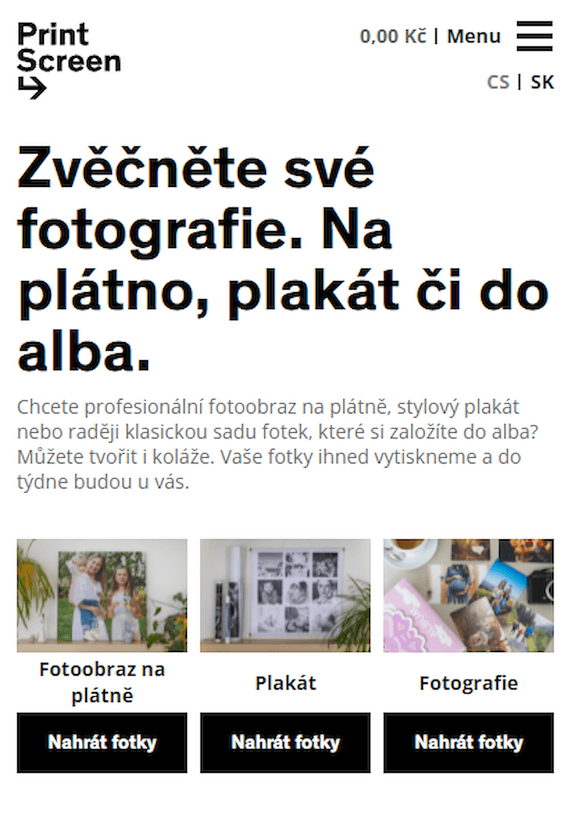 Printscreen.cz mobile homepage offering canvas prints, posters and photos with an upload button for each