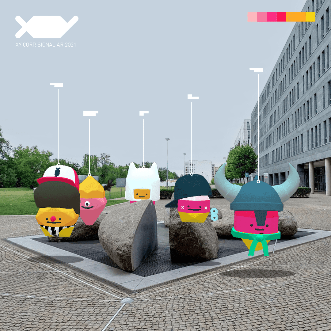 Colourful AR characters from the XY artwork by AOKU sitting on stones in front of Danube House
