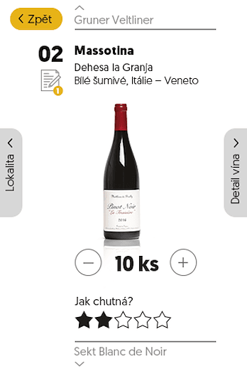 Wine detail screen with the bottle, quantity selector and a rating